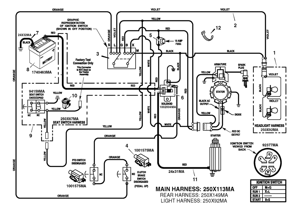 Electrical System Diagram and Parts List for 385002X50C 2007 Briggs and Stratton Lawn Tractor